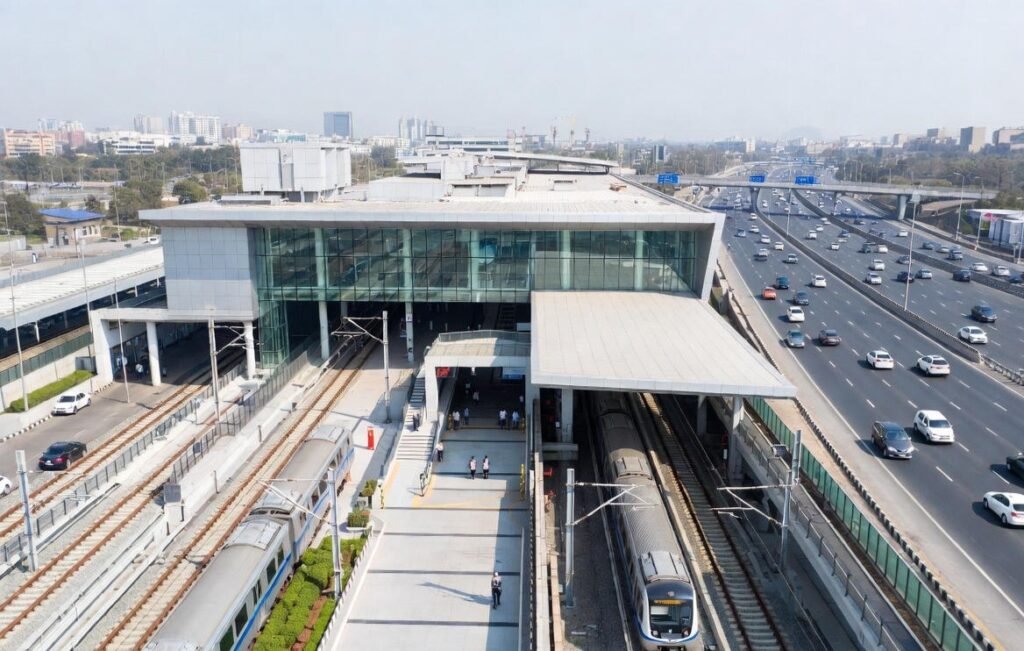 Aerial view of a modern elevated Chennai Metro station alongside a busy multi-lane highway, showcasing urban infrastructure and prime locations to buy property in Chennai.