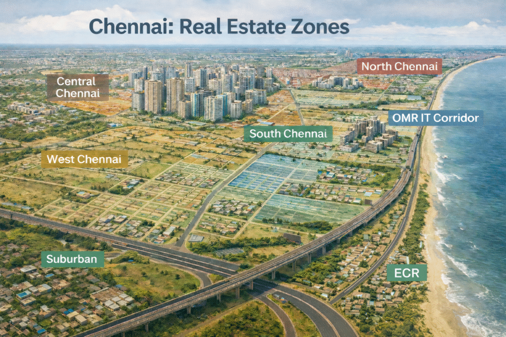 Illustrated map highlighting Chennai’s real estate zones, including Central, North, South, West Chennai, OMR IT Corridor, ECR, and suburban areas.