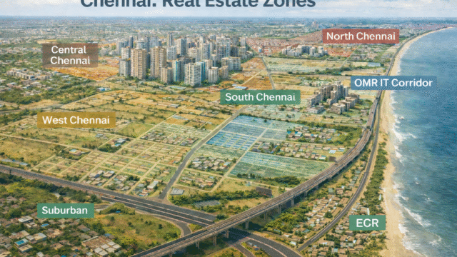 Illustrated map highlighting Chennai’s real estate zones, including Central, North, South, West Chennai, OMR IT Corridor, ECR, and suburban areas.