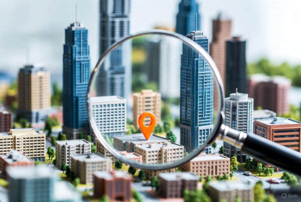Magnifying glass highlighting a location pin on a property within a city model, symbolizing identifying high return property locations.