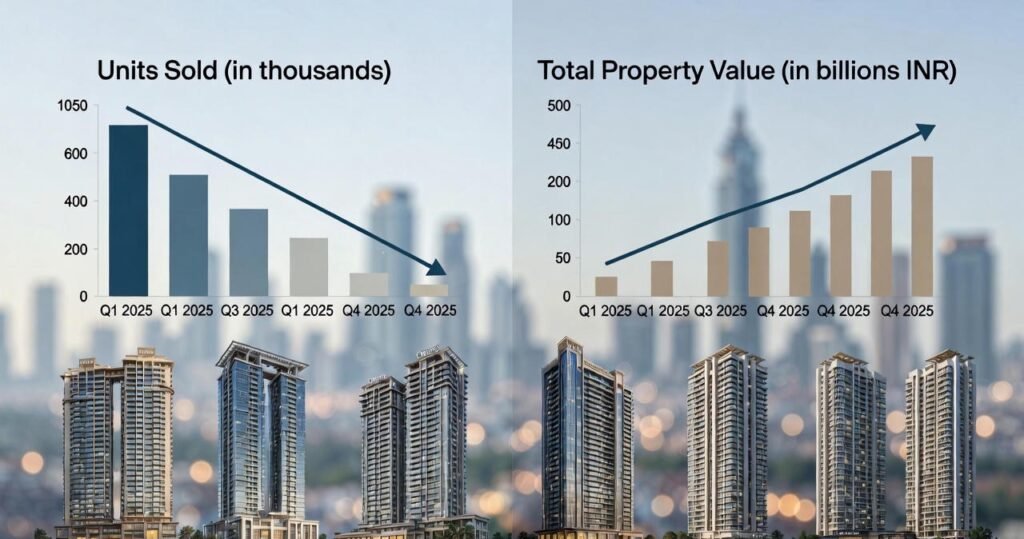 Housing market trends showing declining units sold and rising total property value across 2025