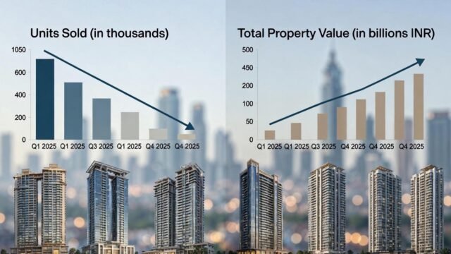 Housing market trends showing declining units sold and rising total property value across 2025