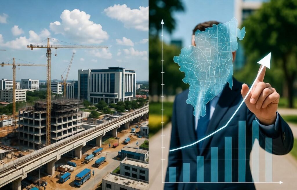 A split-screen composite image illustrating the development of IT Corridors; the left side shows a busy construction site with cranes, office buildings, and a metro line, while the right side depicts a business professional pointing to a digital map and a rising growth chart.