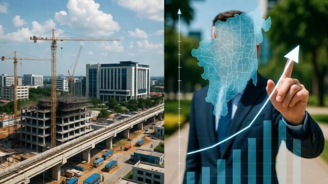 A split-screen composite image illustrating the development of IT Corridors; the left side shows a busy construction site with cranes, office buildings, and a metro line, while the right side depicts a business professional pointing to a digital map and a rising growth chart.