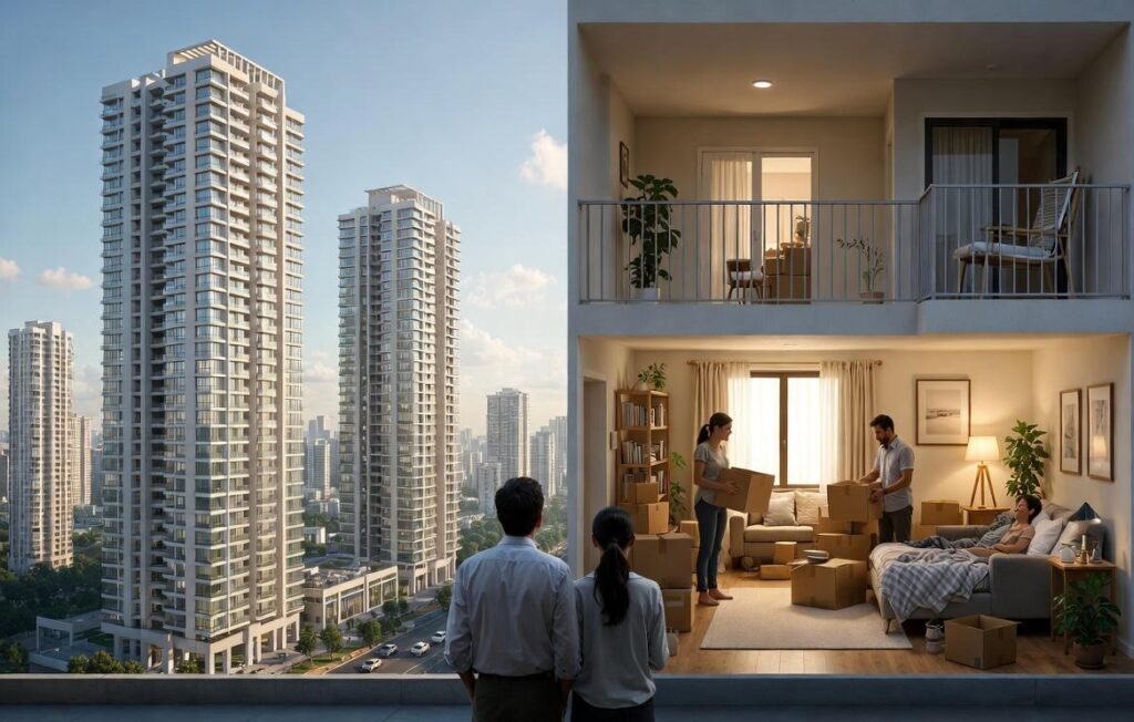 A high-resolution architectural visualization of a modern Indian skyline in 2025, featuring luxury high-rise towers with green terraces, integrated smart home technology icons, and a "Market Growth" infographic overlay showing a steady upward trend.