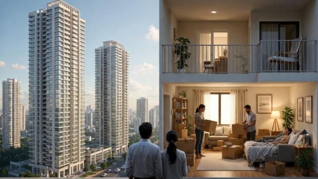 A high-resolution architectural visualization of a modern Indian skyline in 2025, featuring luxury high-rise towers with green terraces, integrated smart home technology icons, and a "Market Growth" infographic overlay showing a steady upward trend.