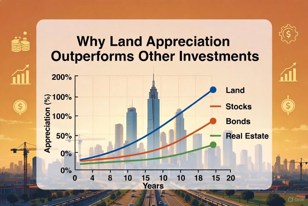 Chart comparing long-term growth of land, stocks, bonds, and real estate, highlighting how land appreciation outperforms other investments.