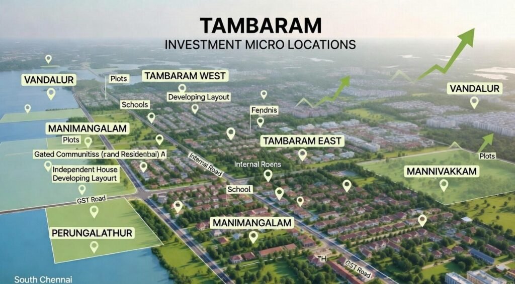 Tambaram micro-locations map highlighting key investment zones like Vandalur, Manimangalam, Mannivakkam, and Perungalathur