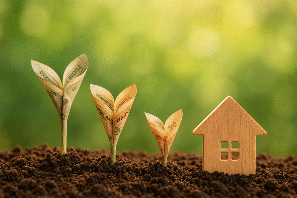 Indian currency notes shaped like growing plants beside a wooden house symbol, representing investing in plots and wealth growth.
