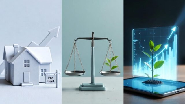 Concept image comparing Real Estate or Stocks, showing rental property, investment balance, and market growth