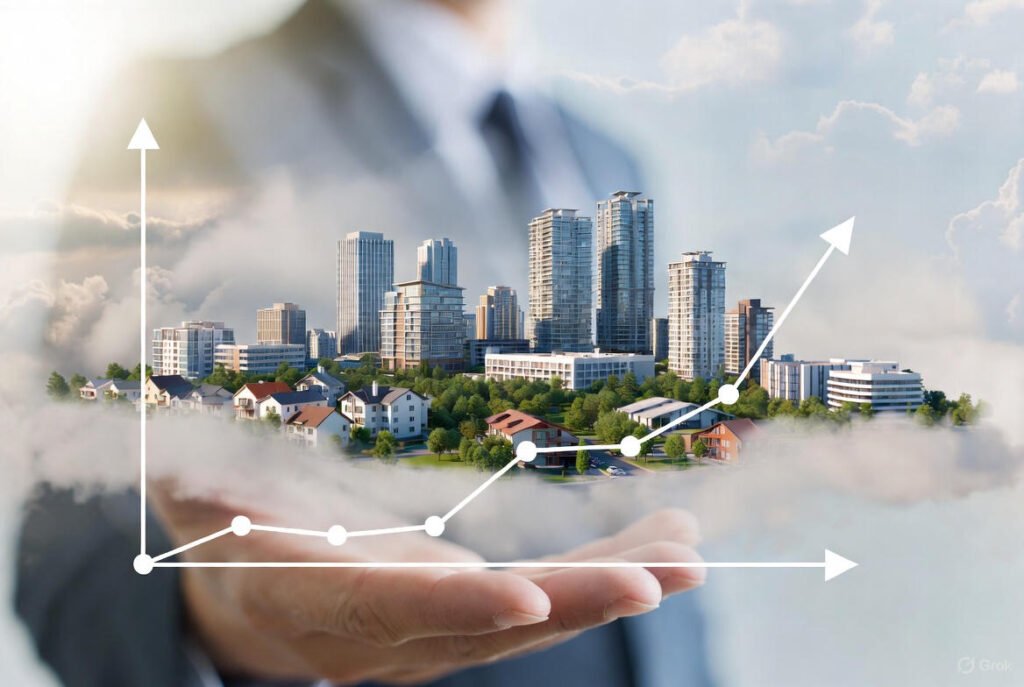 Rising South Chennai real estate market shown with modern buildings, residential homes, and an upward growth graph.