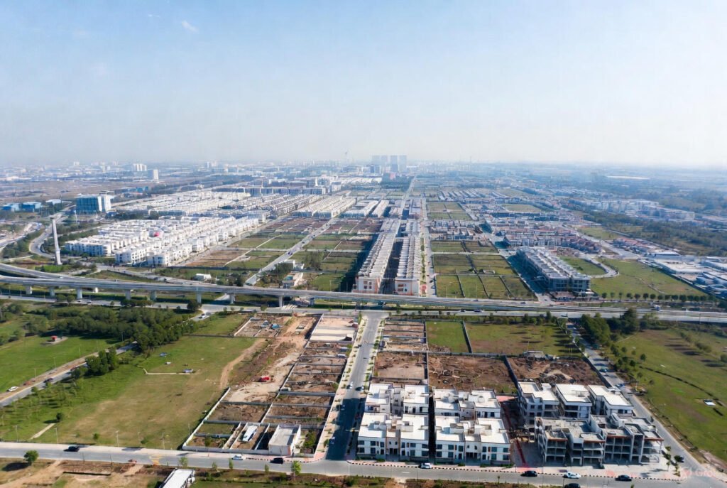 Aerial view of developing suburban areas with housing layouts, roads, green spaces, and expanding infrastructure.