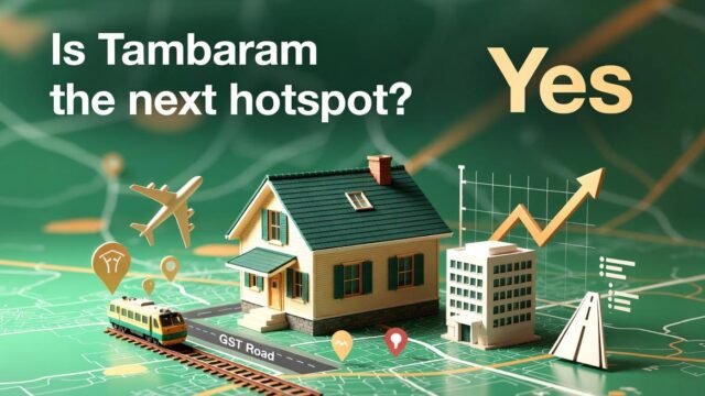 Visualizing the growth of Tambaram Real Estate, showing connectivity (GST Road, railway, airport) and investment potential with a rising graph and residential/commercial buildings.