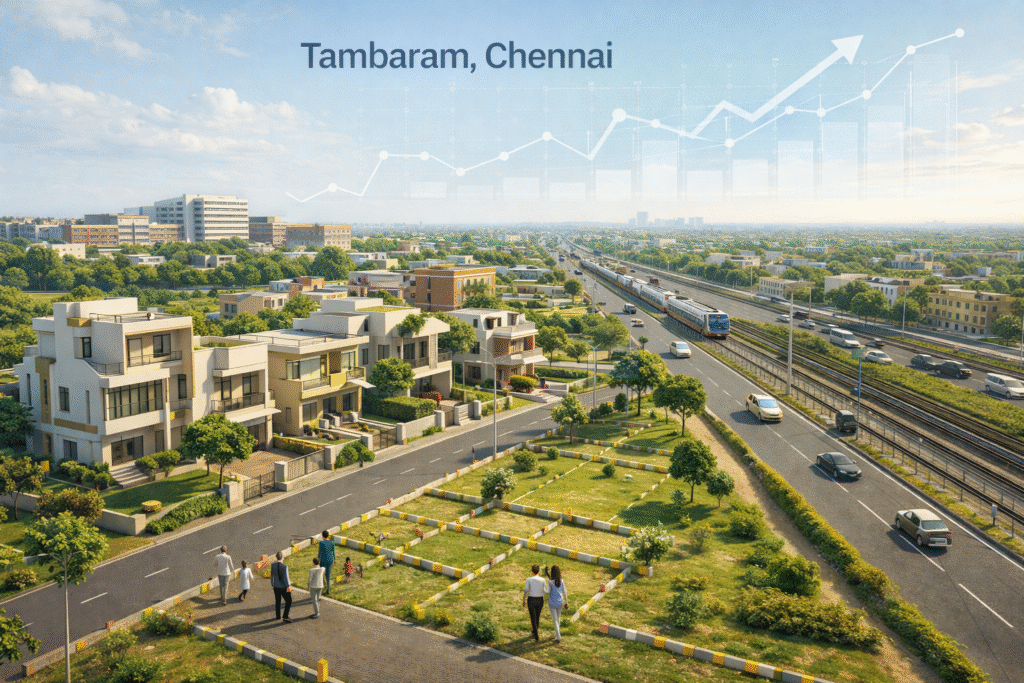 Aerial view of Tambaram, Chennai showing plotted residential layouts, modern houses, wide roads, railway line, and rising property value indicators.