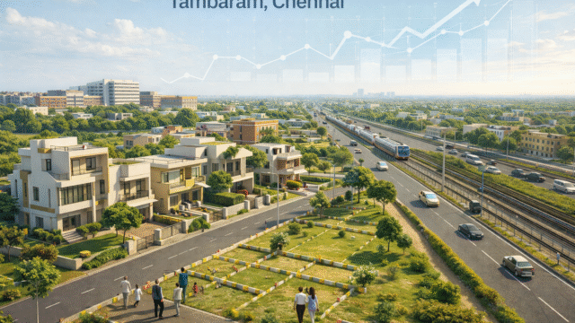 Aerial view of Tambaram, Chennai showing plotted residential layouts, modern houses, wide roads, railway line, and rising property value indicators.