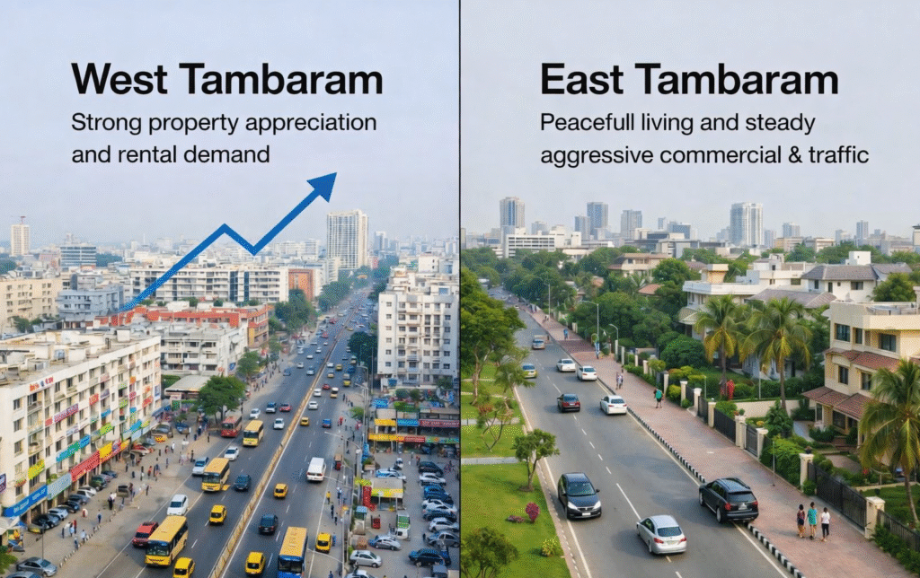 West Tambaram vs East Tambaram real estate comparison showing higher property appreciation and rental demand in West Tambaram and peaceful residential living with steady growth in East Tambaram.