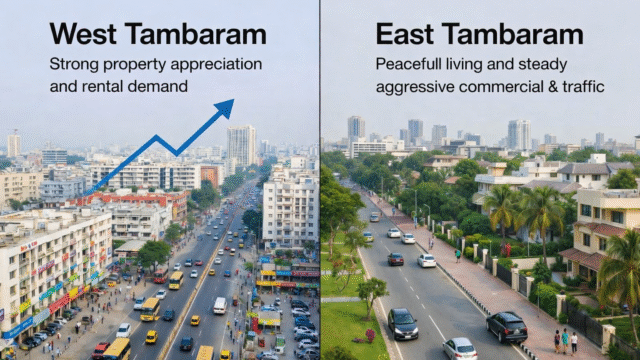 West Tambaram vs East Tambaram real estate comparison showing higher property appreciation and rental demand in West Tambaram and peaceful residential living with steady growth in East Tambaram.