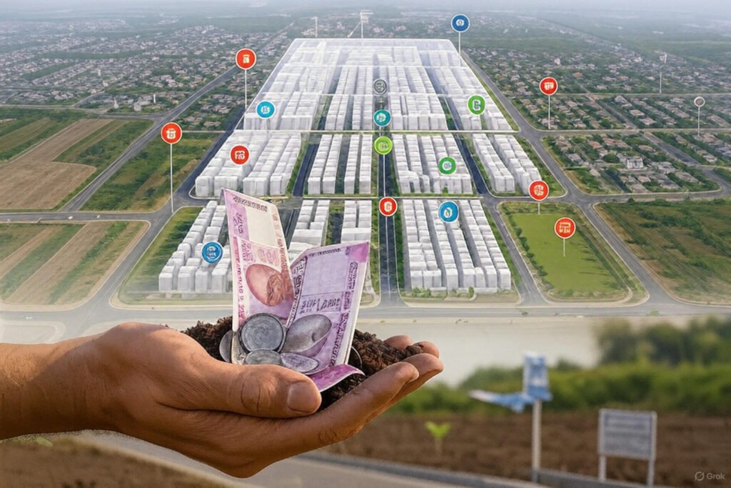 A hand holding soil with a growing plant in front of a future city development layout, symbolizing land banking and long-term value growth.