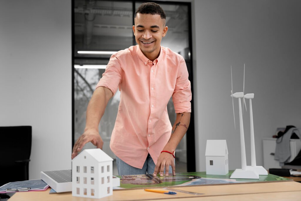 Land promoters in Chennai presenting a residential layout model with plotted development and infrastructure planning