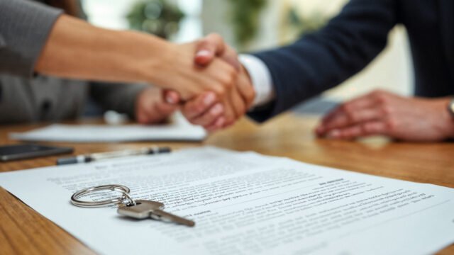 Handshake between buyer and seller over property documents with keys, symbolizing legally approved plots for sale in Chennai.