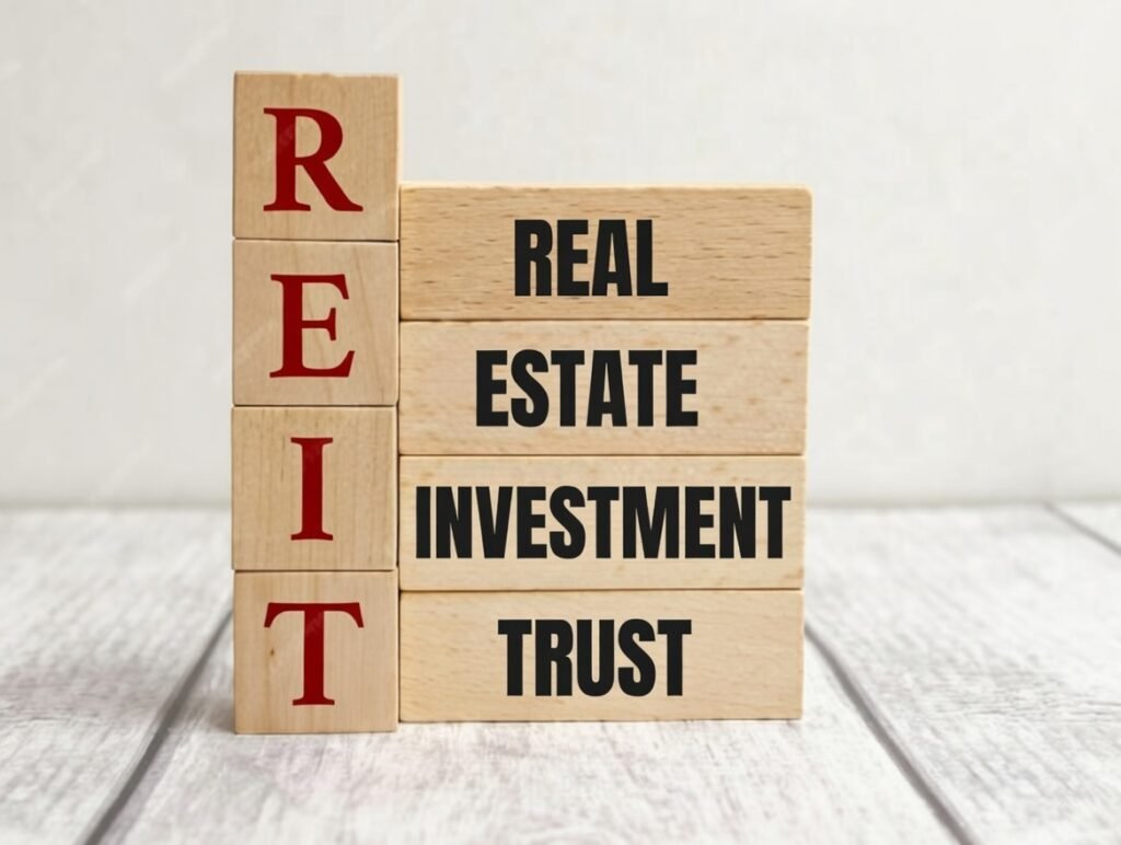 Acronym REIT spelled out with a stacked title "Real Estate Investment Trust" below, on a clean professional background