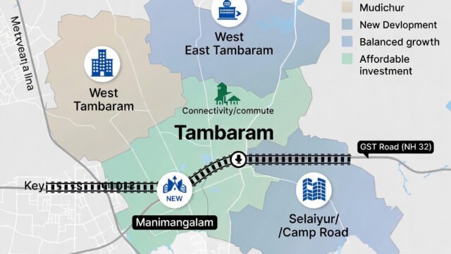 Where to buy plots in Tambaram showing key investment zones like West Tambaram, East Tambaram, Manimangalam, and Selaiyur with connectivity highlights