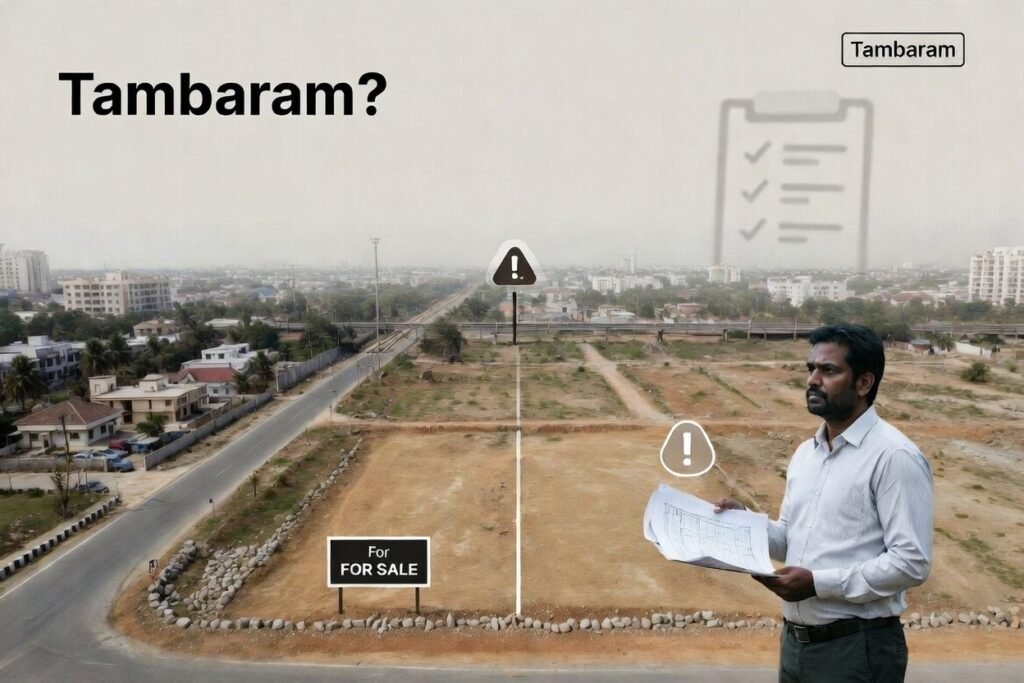 Aerial view showing residential land for sale, highlighting key factors to consider when buying plots near Tambaram