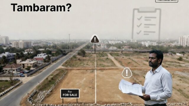 Aerial view showing residential land for sale, highlighting key factors to consider when buying plots near Tambaram