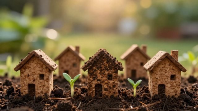 Small cork-textured model houses and green sprouts growing from rich dark soil in a row, symbolizing land investment opportunities and sustainable growth.