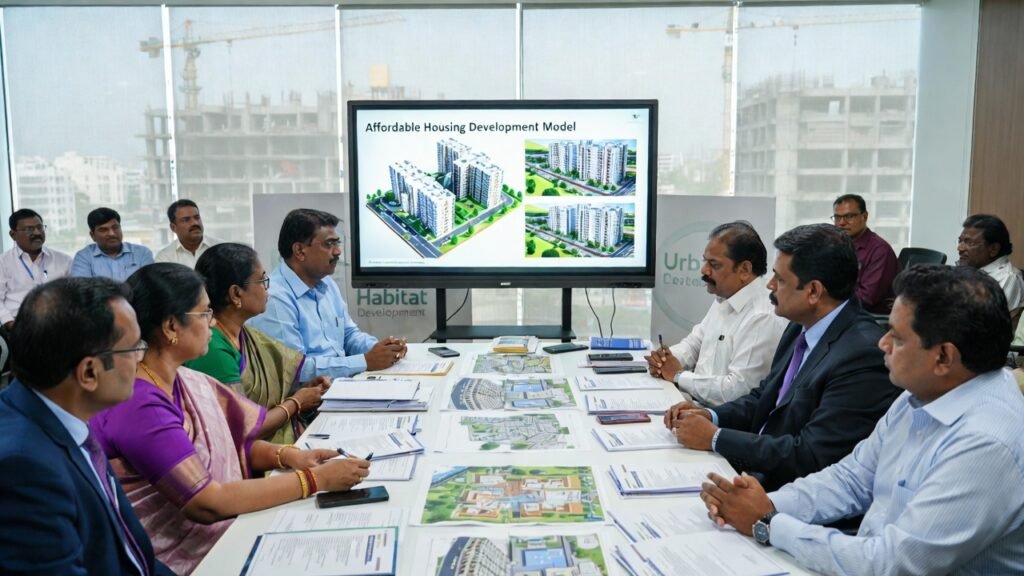 "A modern, multi-story affordable housing complex in an Indian urban center, featuring colorful facades, paved walkways, and integrated green spaces designed for middle- and low-income families."