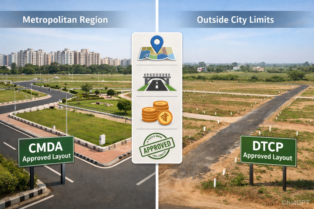 "A side-by-side comparison chart showing the differences between CMDA (Chennai Metropolitan Development Authority) and DTCP (Directorate of Town and Country Planning) approval stamps on property documents."