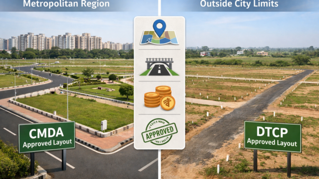 "A side-by-side comparison chart showing the differences between CMDA (Chennai Metropolitan Development Authority) and DTCP (Directorate of Town and Country Planning) approval stamps on property documents."