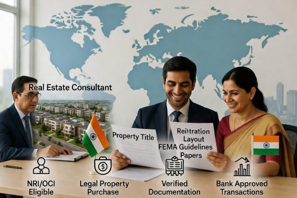 "A diverse group of international professionals or expatriates reviewing a real estate contract and property map, representing foreign investment in the Indian housing market."