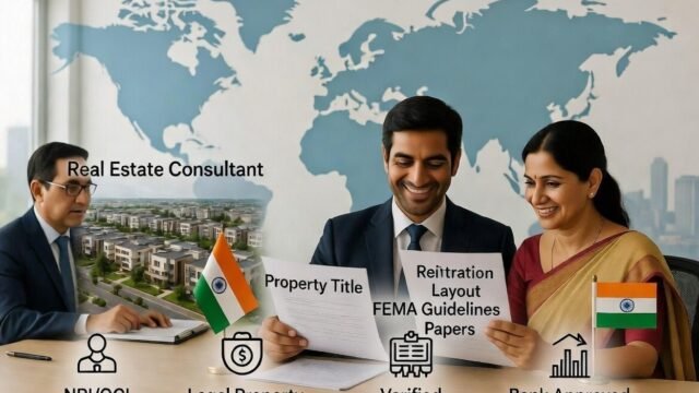 "A diverse group of international professionals or expatriates reviewing a real estate contract and property map, representing foreign investment in the Indian housing market."