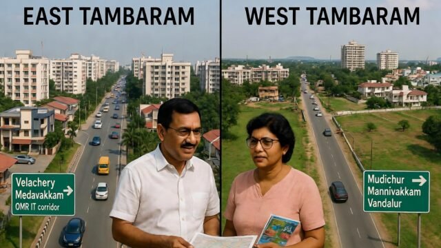 "A split-screen comparison of East Tambaram vs West Tambaram in Chennai, showing residential apartments and heavy traffic near Velachery/OMR on the left, and developing green zones with industrial connectivity toward Mudichur and Vandalur on the right."