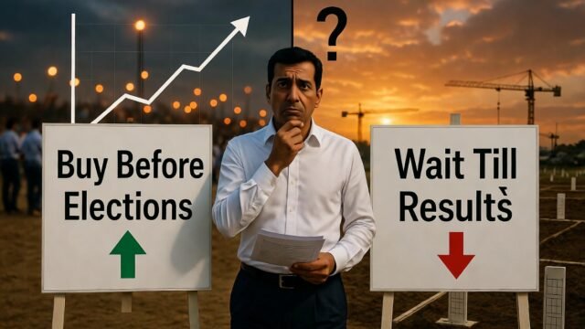 "A real estate market analysis graph showing land price fluctuations during an election cycle, with a person pointing at a projected upward trend following a mandate."