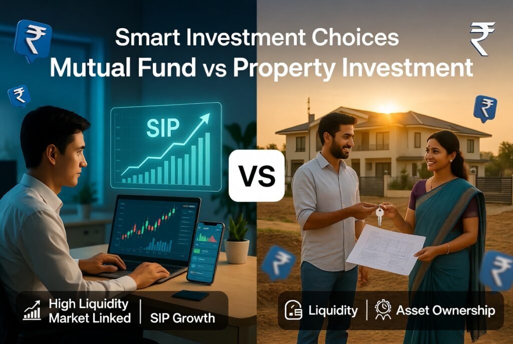 "A side-by-side visual of a hand holding a mobile phone with a mutual fund SIP growth chart next to a physical house model on a wooden table, representing the 2026 choice between financial and real assets."