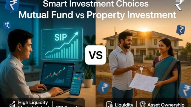 "A side-by-side visual of a hand holding a mobile phone with a mutual fund SIP growth chart next to a physical house model on a wooden table, representing the 2026 choice between financial and real assets."
