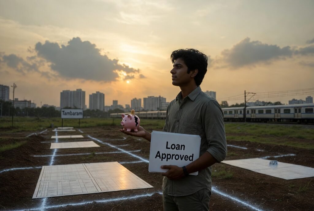 Conceptual image with "Tambaram" text over a map backdrop, crossed by a key labeled "Loan" and a stamp stating "Approved."