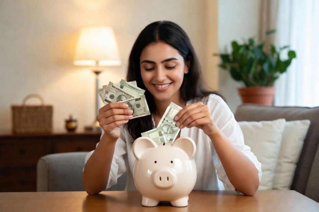 Young woman saving money in a piggy bank, symbolising financial planning to buy land near Tambaram with 25000 salary.