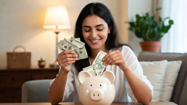 Young woman saving money in a piggy bank, symbolising financial planning to buy land near Tambaram with 25000 salary.