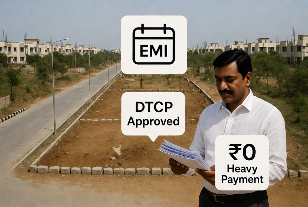 Promotional graphic for DTCP-approved residential plots near Tambaram available for purchase with easy EMI payment plans.