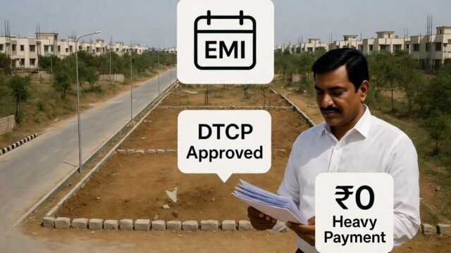 Promotional graphic for DTCP-approved residential plots near Tambaram available for purchase with easy EMI payment plans.