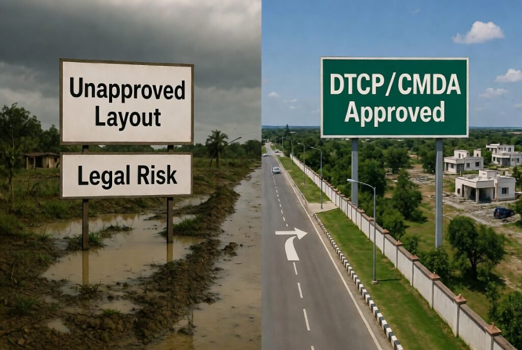 Comparison showing unapproved layout with legal risk versus DTCP/CMDA approved plots highlighting safe plot buying near Tambaram