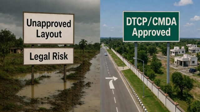 Comparison showing unapproved layout with legal risk versus DTCP/CMDA approved plots highlighting safe plot buying near Tambaram