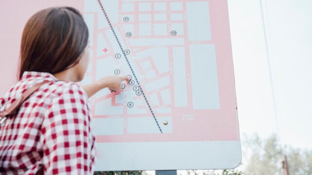 A person in a red checkered shirt pointing at a detailed pink and white layout map on a public signage board, representing a search for plot guideline values in a Chennai neighborhood.