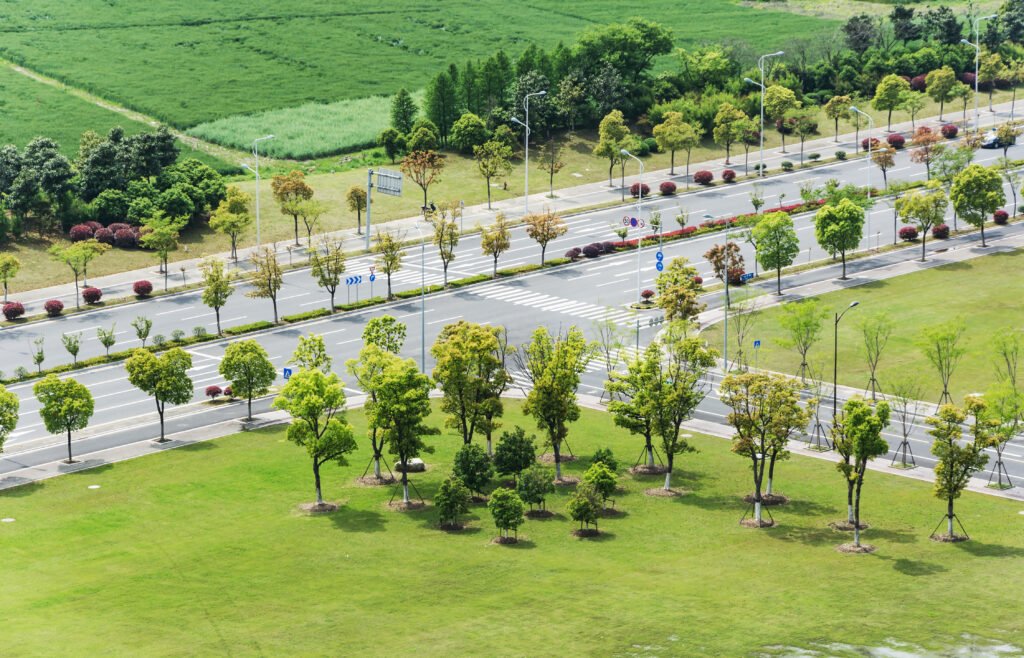 "An aerial view of a well-planned gated community layout in Chennai featuring wide blacktop roads, organized green landscaping, and young trees planted along the sidewalks."