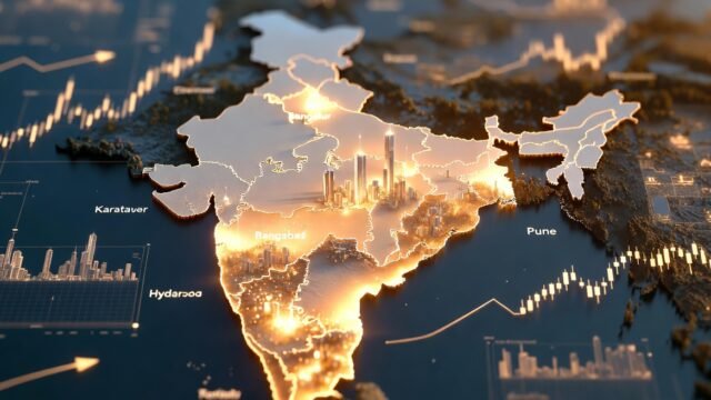 "A futuristic digital skyline of a South Indian city like Bengaluru or Hyderabad, blending modern glass-facade IT parks with green sustainable urban spaces and a metro rail line, representing the next big investment destinations."