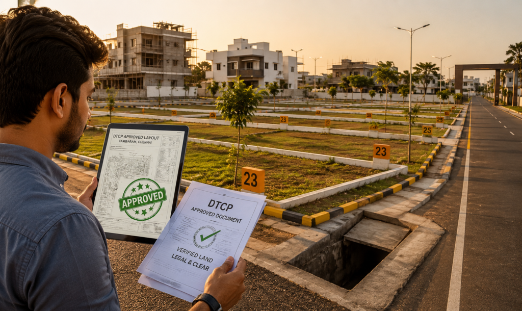 A man holding a tablet with a DTCP approved layout map of Tambaram, Chennai, alongside official documents, demonstrating how to get DTCP approval for land.
