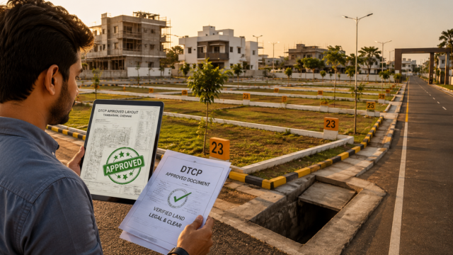 A man holding a tablet with a DTCP approved layout map of Tambaram, Chennai, alongside official documents, demonstrating how to get DTCP approval for land.
